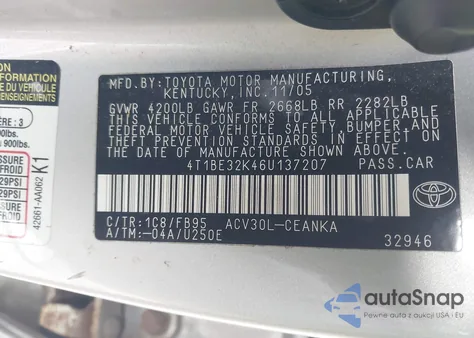 2006 Toyota Camry Std из США, поврежденный, VIN 4T1BE32K46U137207